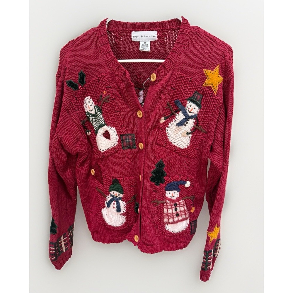 Vintage Croft & Barrow Snowman Holiday Red Cardigan Sweater Medium Christmas 🎄